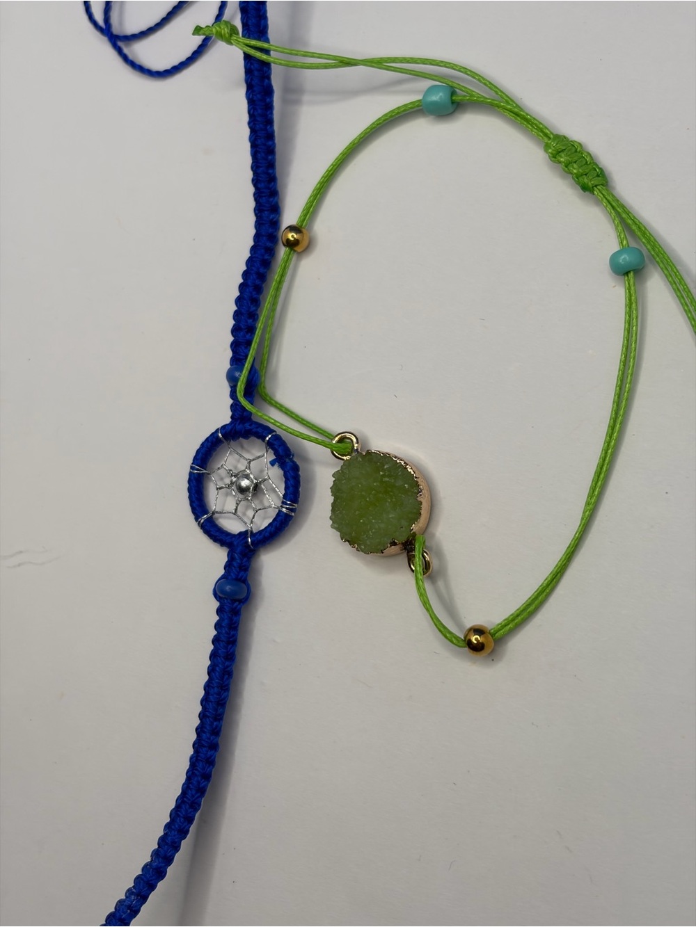 Set of 2 - Lime Green Druzy & Royal Blue Dreamcatcher Cord Bracelets